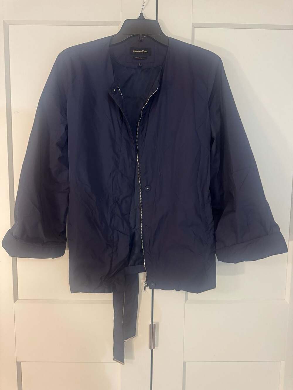 Massimo Dutti Women's Navy Blue Lightweight Belted Jacket with Bell Sleeves